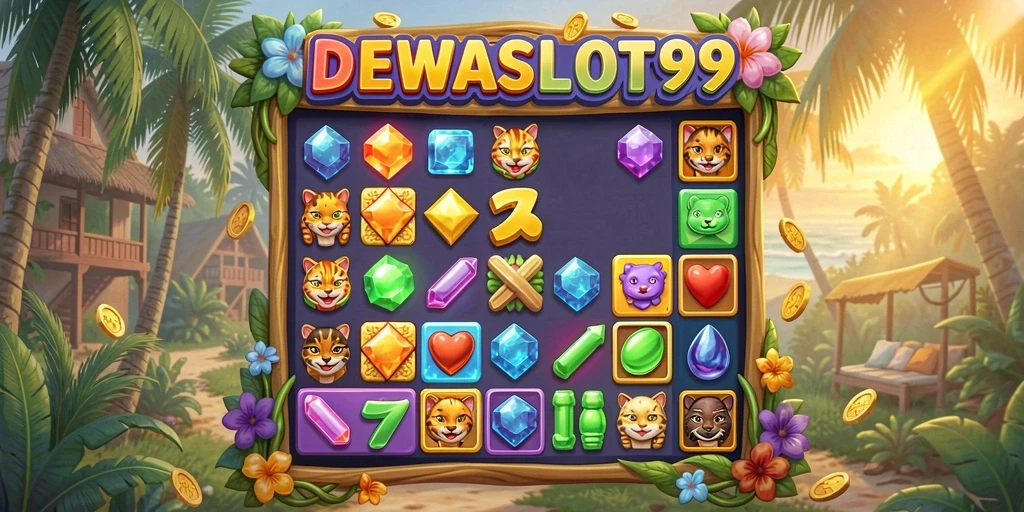 Tampilan gameplay DEWASLOT99 dengan simbol match-3 yang cerah.