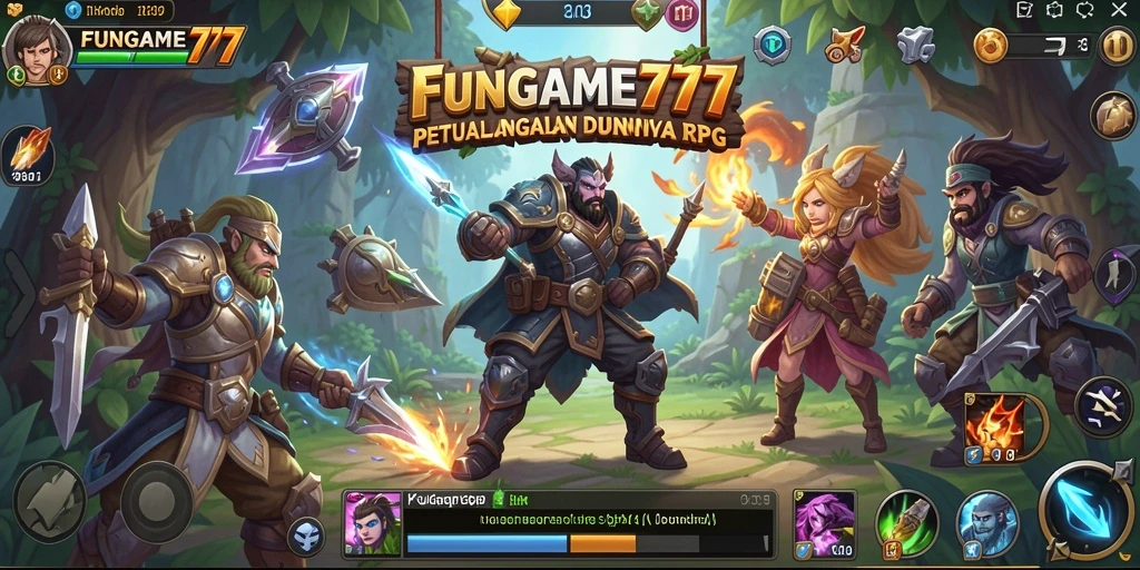 Tangkapan layar utama FUNGAME777 yang menunjukkan aksi pertarungan RPG yang seru.