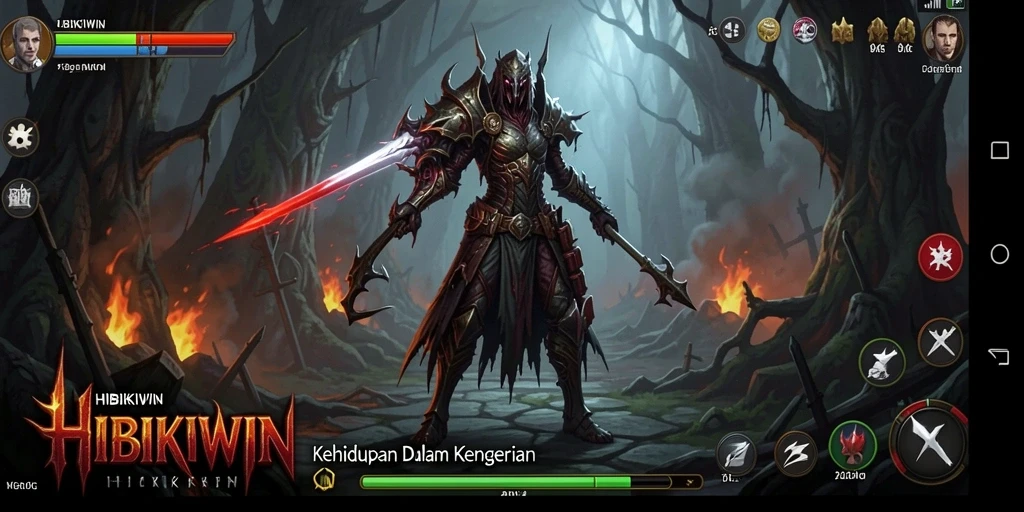Tangkapan layar permainan HIBIKIWIN menampilkan suasana menyeramkan dan gameplay yang intens.