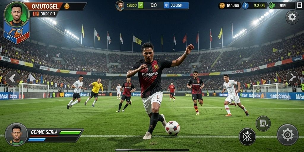 Tangkapan layar gameplay OMUTOGEL yang menampilkan aksi sepak bola seru.