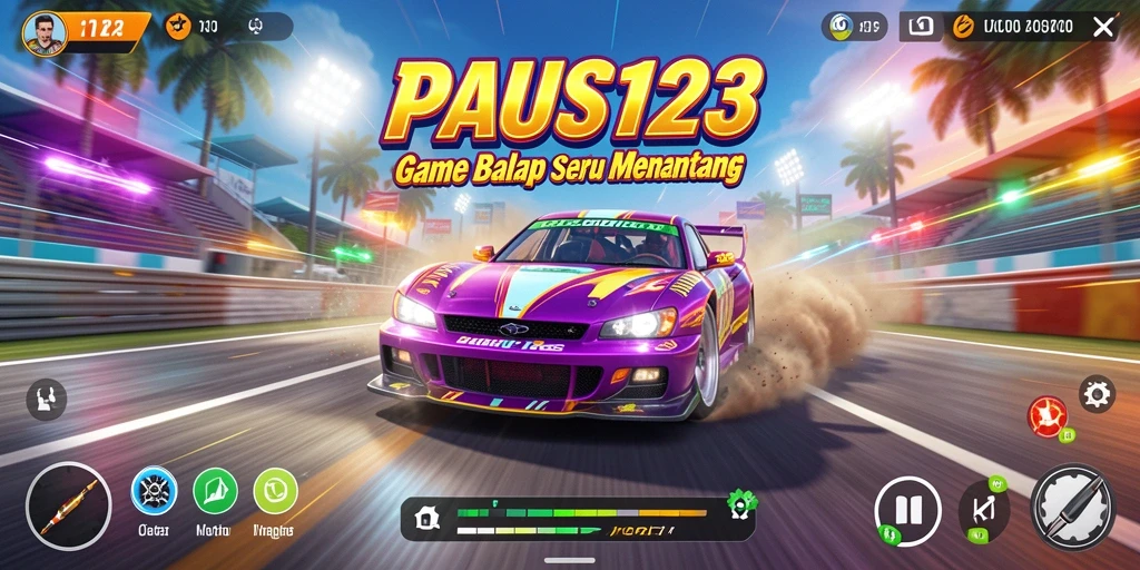 Tampilan dinamis gameplay PAUS123 saat balapan di trek penuh tantangan.