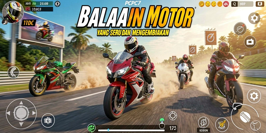 Screenshot gameplay PCPC7 menampilkan aksi balapan motor yang seru.