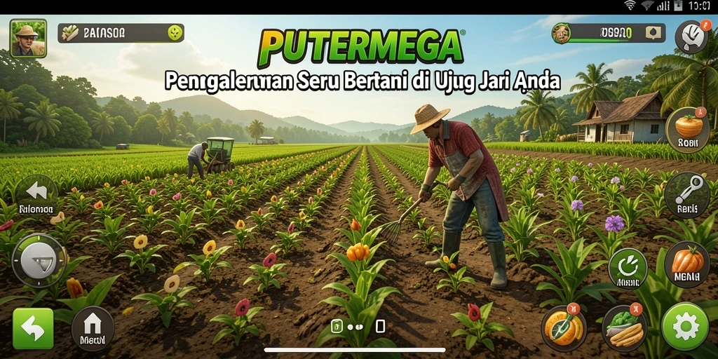 Gameplay <strong>PUTERMEGA</strong> yang menampilkan aktivitas bertani yang seru dan interaksi sosial.