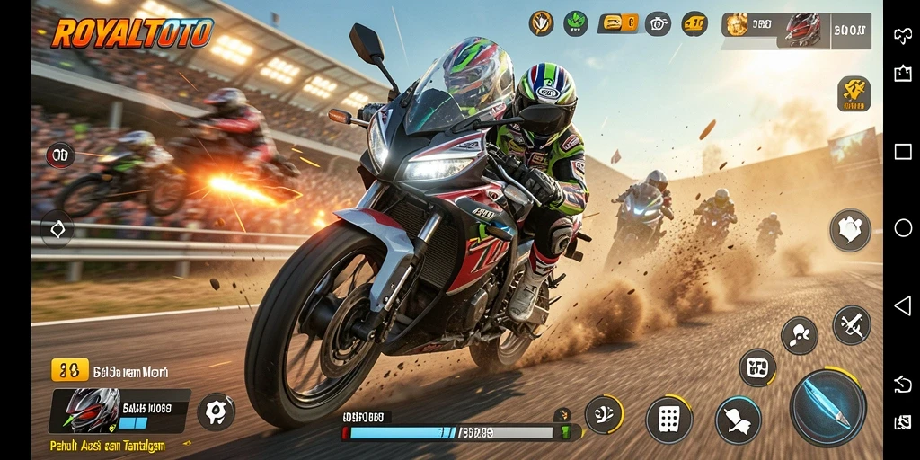 Tampilan gameplay seru dari ROYALTOTO dengan aksi balapan motor.