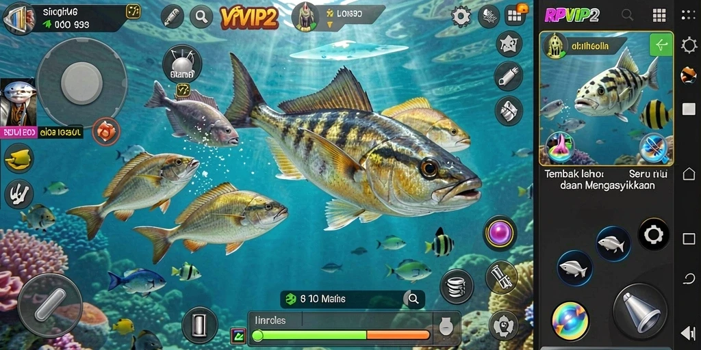 Tampilan gameplay RPVIP2 yang seru dengan berbagai ikan untuk diburu.