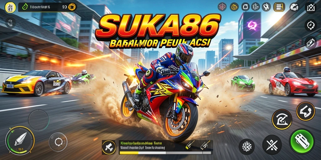 Screenshot gameplay SUKA86 yang menunjukkan aksi balap motor yang menegangkan.