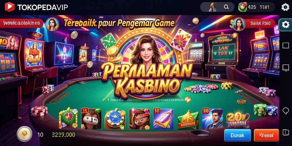 Screenshot menunjukkan antarmuka menawan TOKOPEDIAVIP dengan berbagai permainan Kasino.